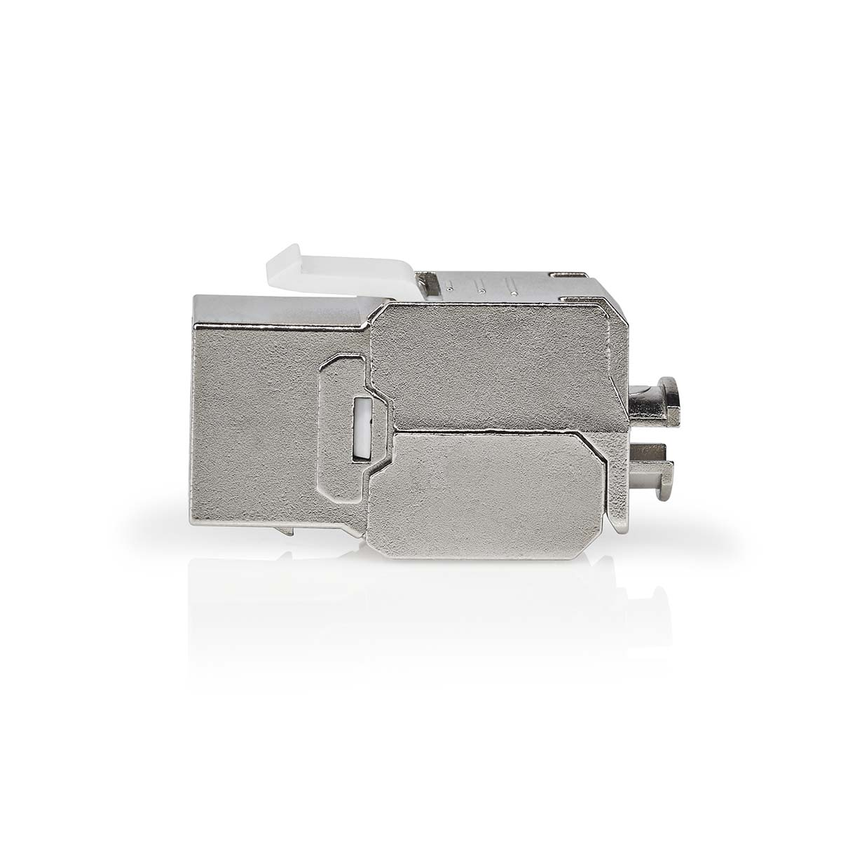 A silver network connector with a white locking tab, isolated on white.