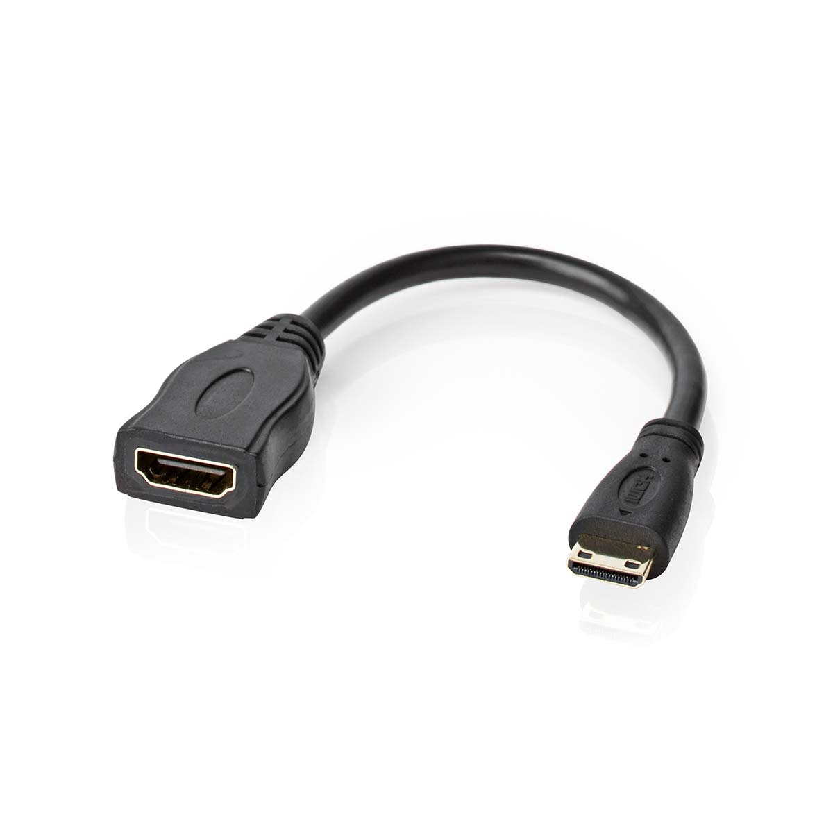 Schwarzes HDMI-Adapterkabel mit weiblichen und männlichen Steckern auf weißem Hintergrund.