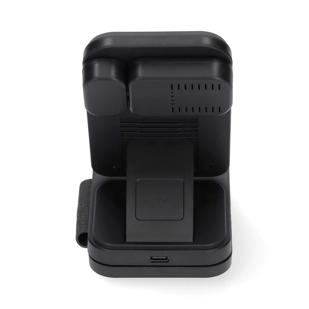 Black charger with vents and USB port. Foldable stand.