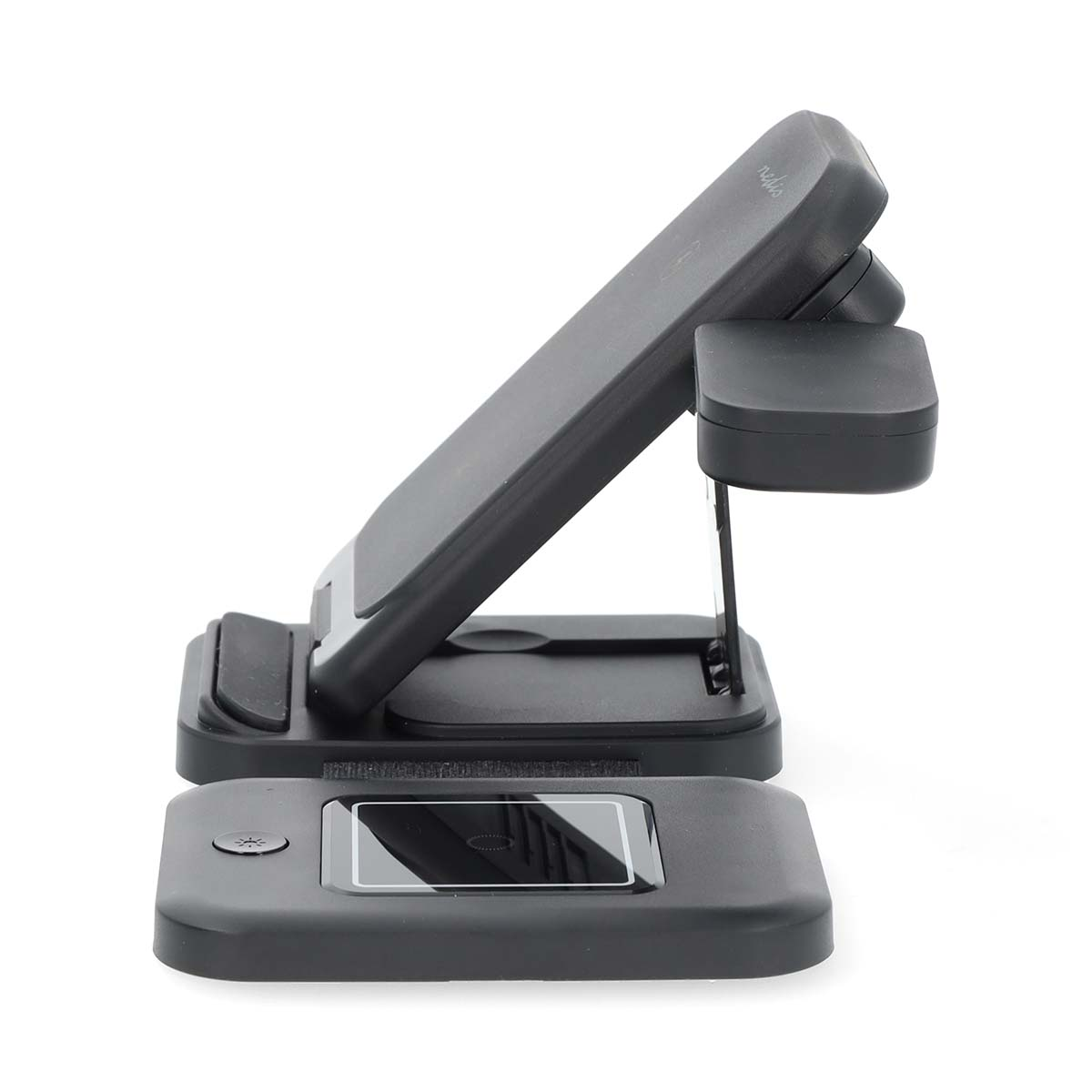 Black wireless charging stand with a phone on it and a separate base.