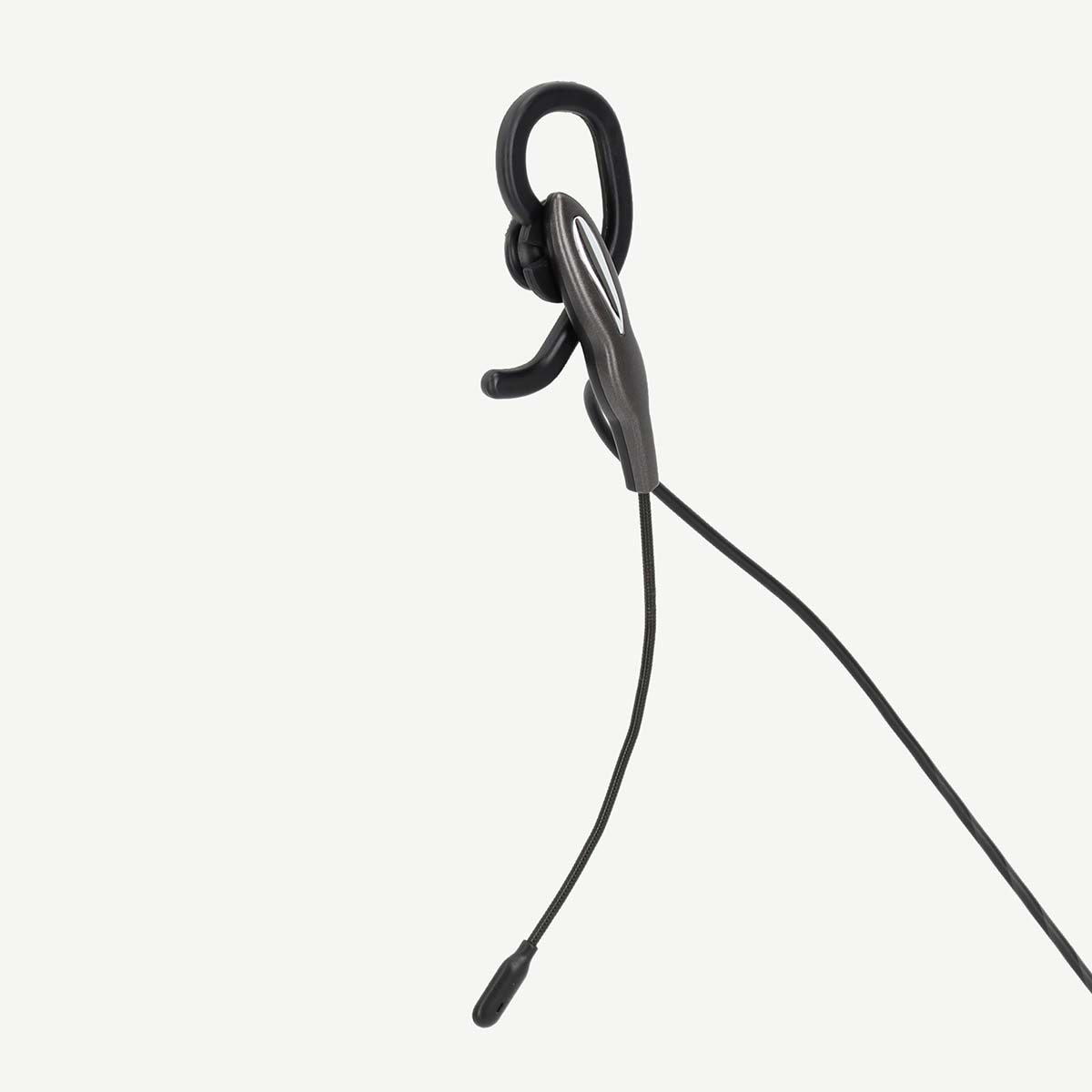 Ein schwarzer In-Ear-Kopfhörer mit Ohrbügel und Kabel.