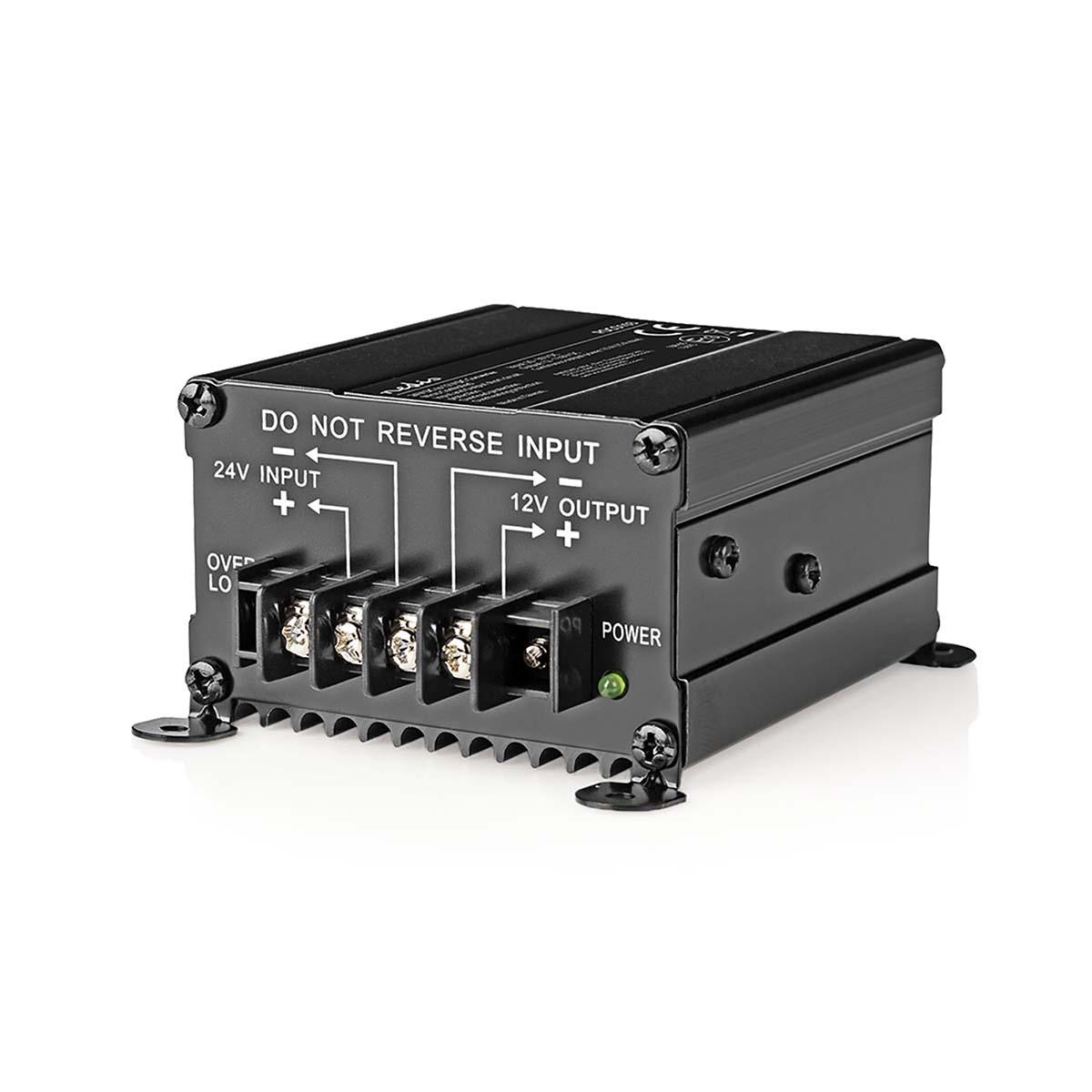 Zwarte spanningsomvormer met labels voor 24V ingang en 12V uitgang.