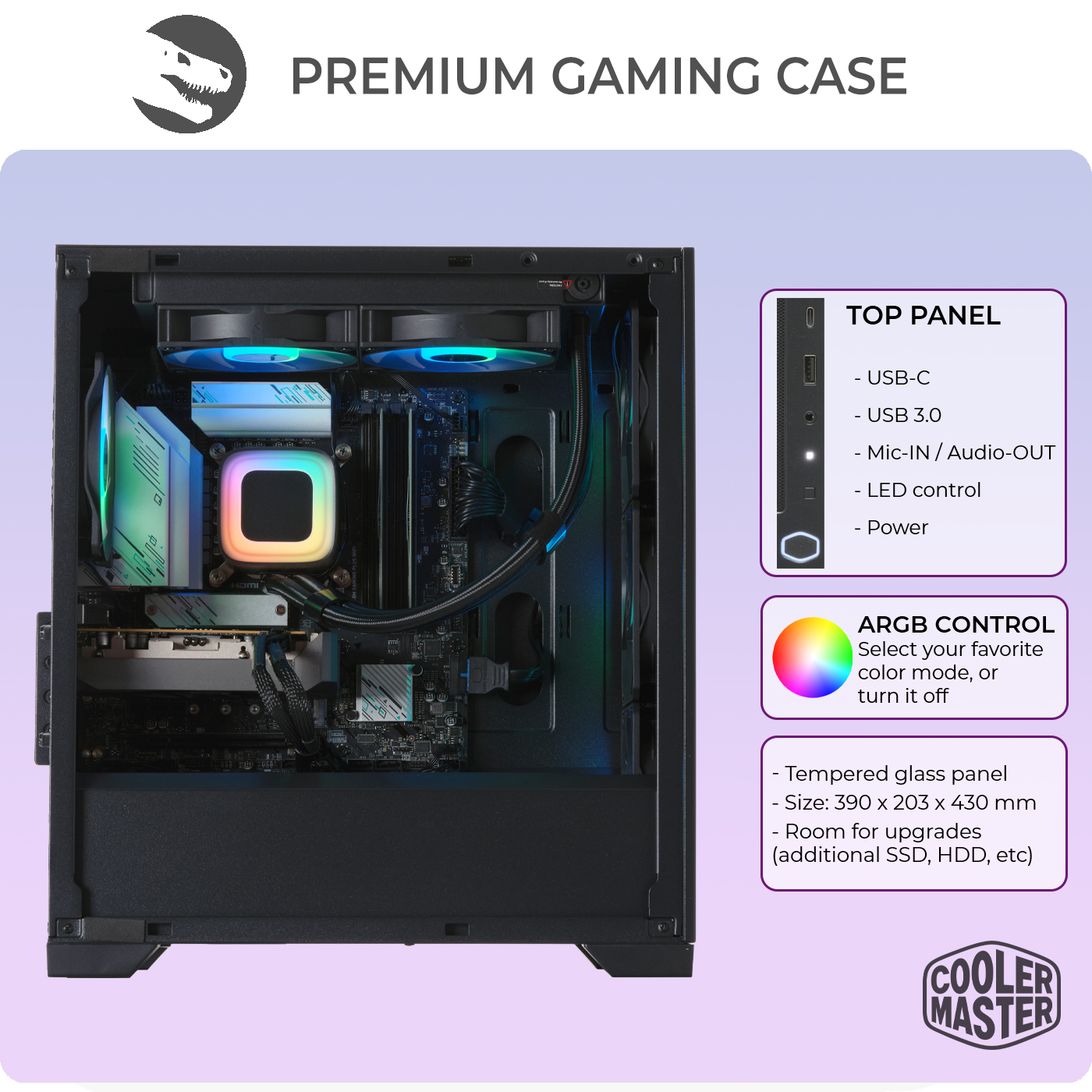 Ein PC-Gehäuse mit beleuchteten Lüftern, CPU-Kühler und oberem Bedienfeld.