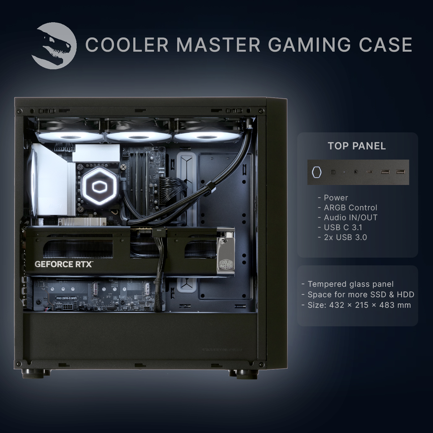 Otwarta obudowa PC Cooler Master z podświetlanymi wentylatorami i komponentami.