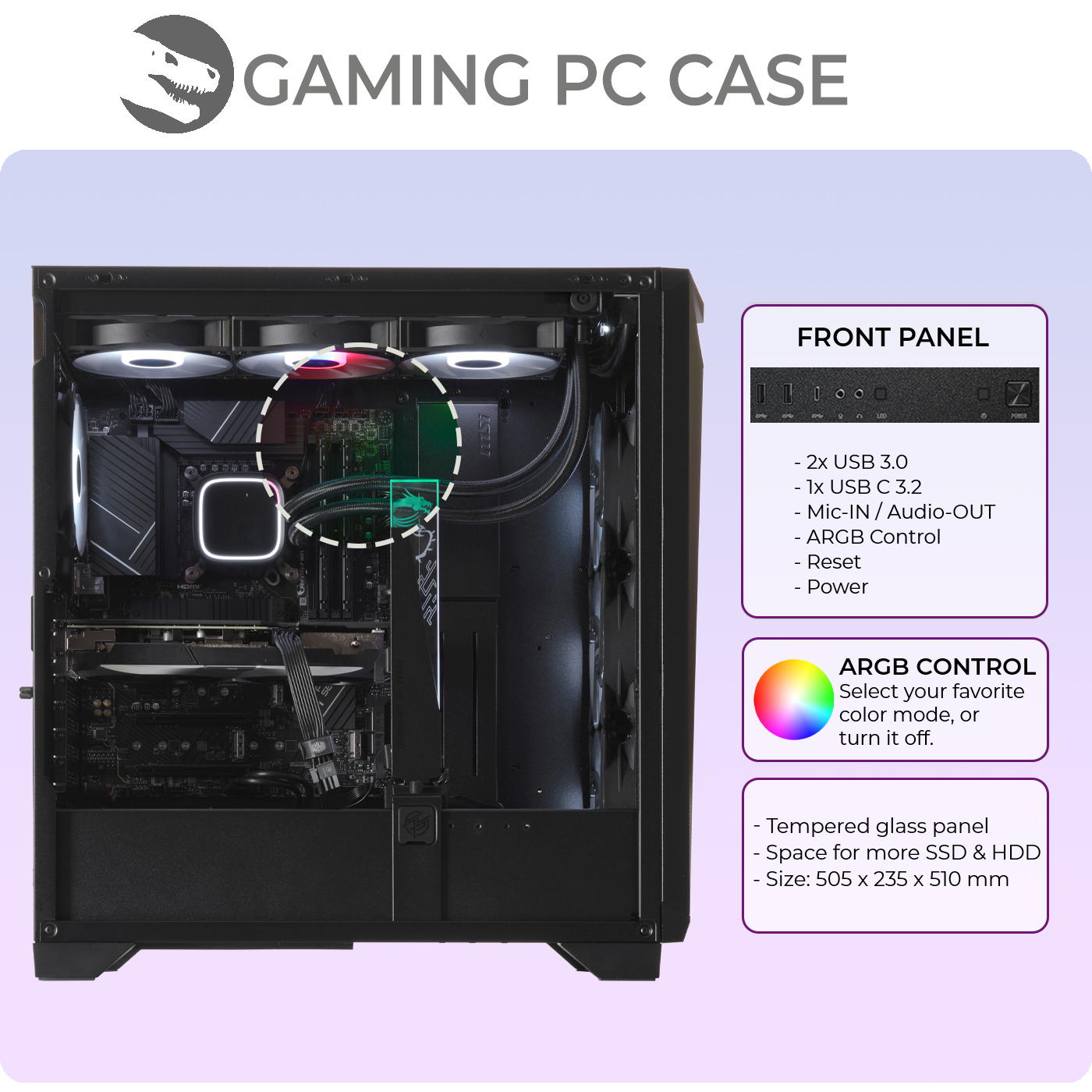 Ein schwarzes PC-Gehäuse mit ARGB-Lüftern, Frontpanel-Anschlüssen und Glasfront.