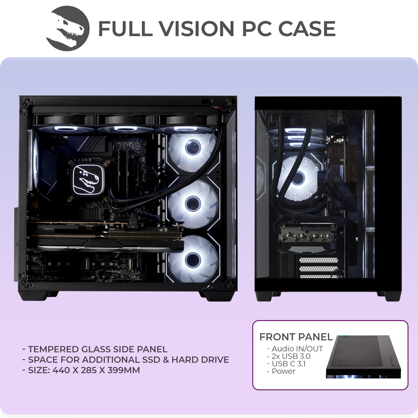Due case per PC con ventole illuminate, uno aperto, con dettagli testuali.