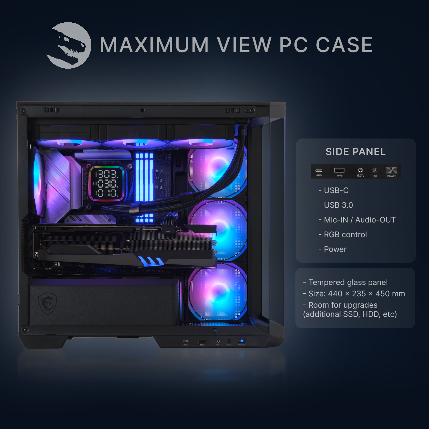 Een pc-behuizing met glazen voorkant en RGB-ventilatoren. Tekst: "MAXIMUM VIEW PC CASE".