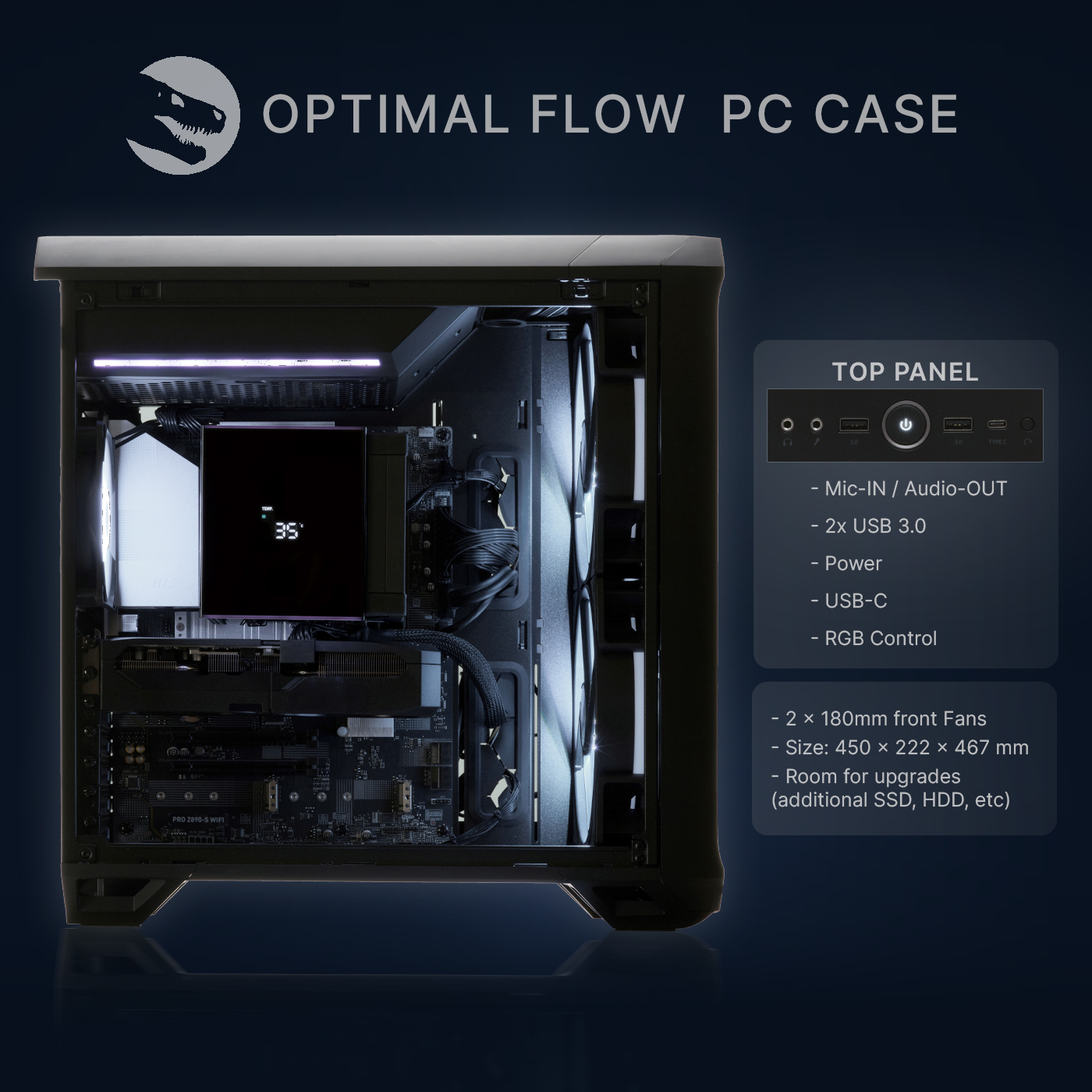 Case PC aperto con ventole e componenti. Pannello superiore con porte.