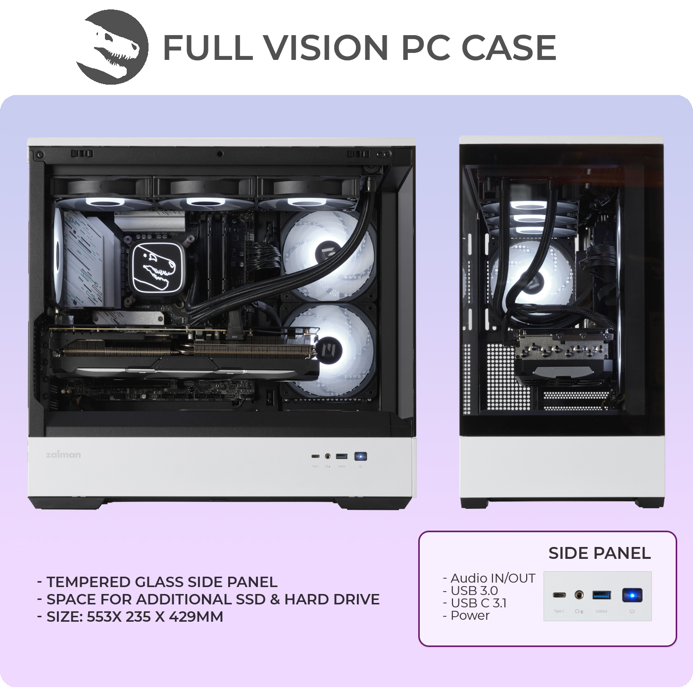 Zwei PC-Gehäuse nebeneinander, eines geöffnet, mit Lichtern und Lüftern.