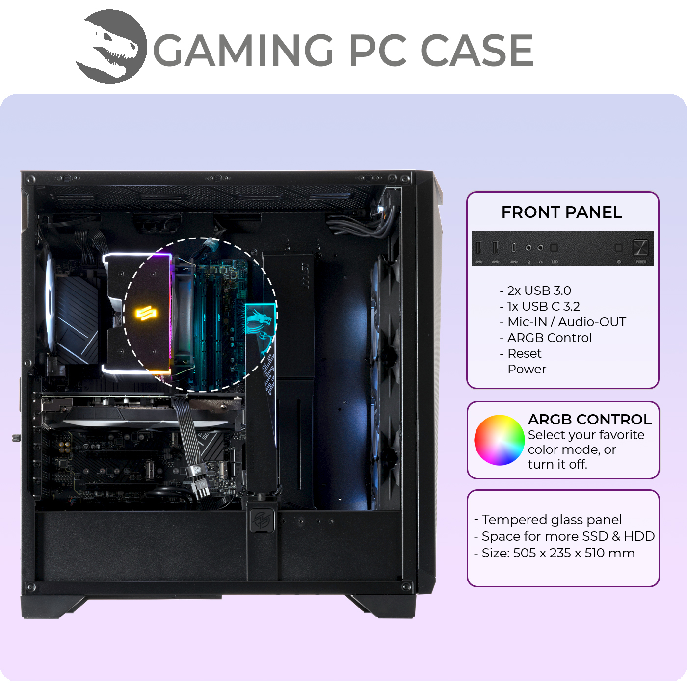 Ein geöffneter schwarzer Gaming-PC mit RGB-Beleuchtung und Frontpanel-Anschlüssen.