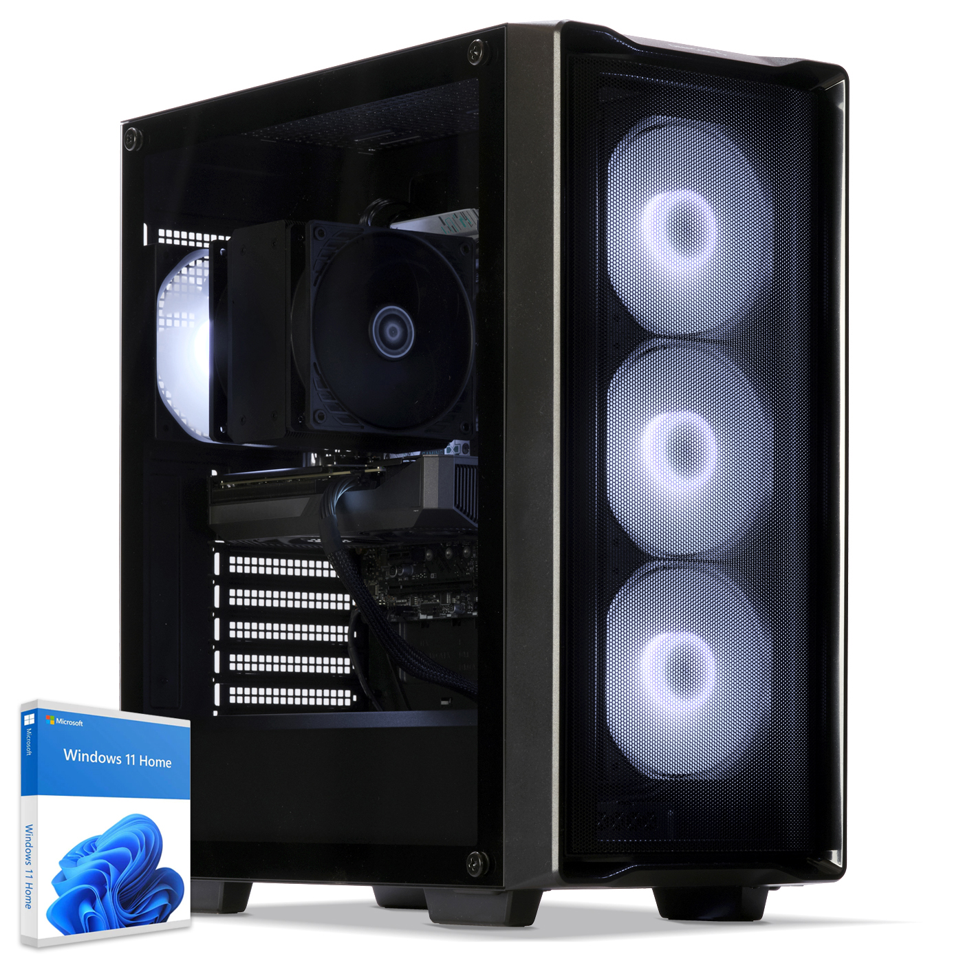 Zwarte computertoren met verlichte ventilatoren en een Windows 11 Home doos.