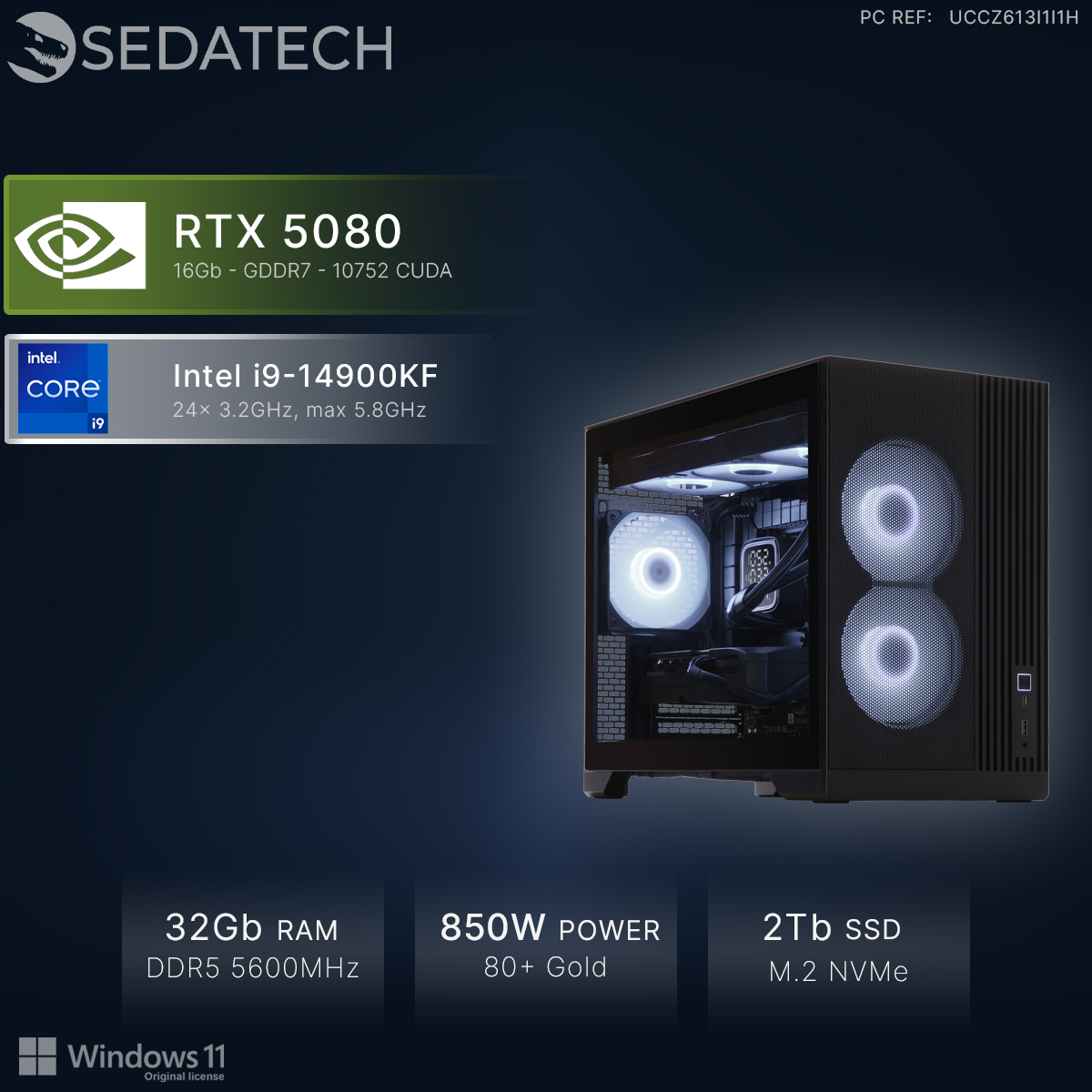 Un PC noir avec RTX 5080, Intel i9, 32 Go RAM, 850W, SSD 2 To.