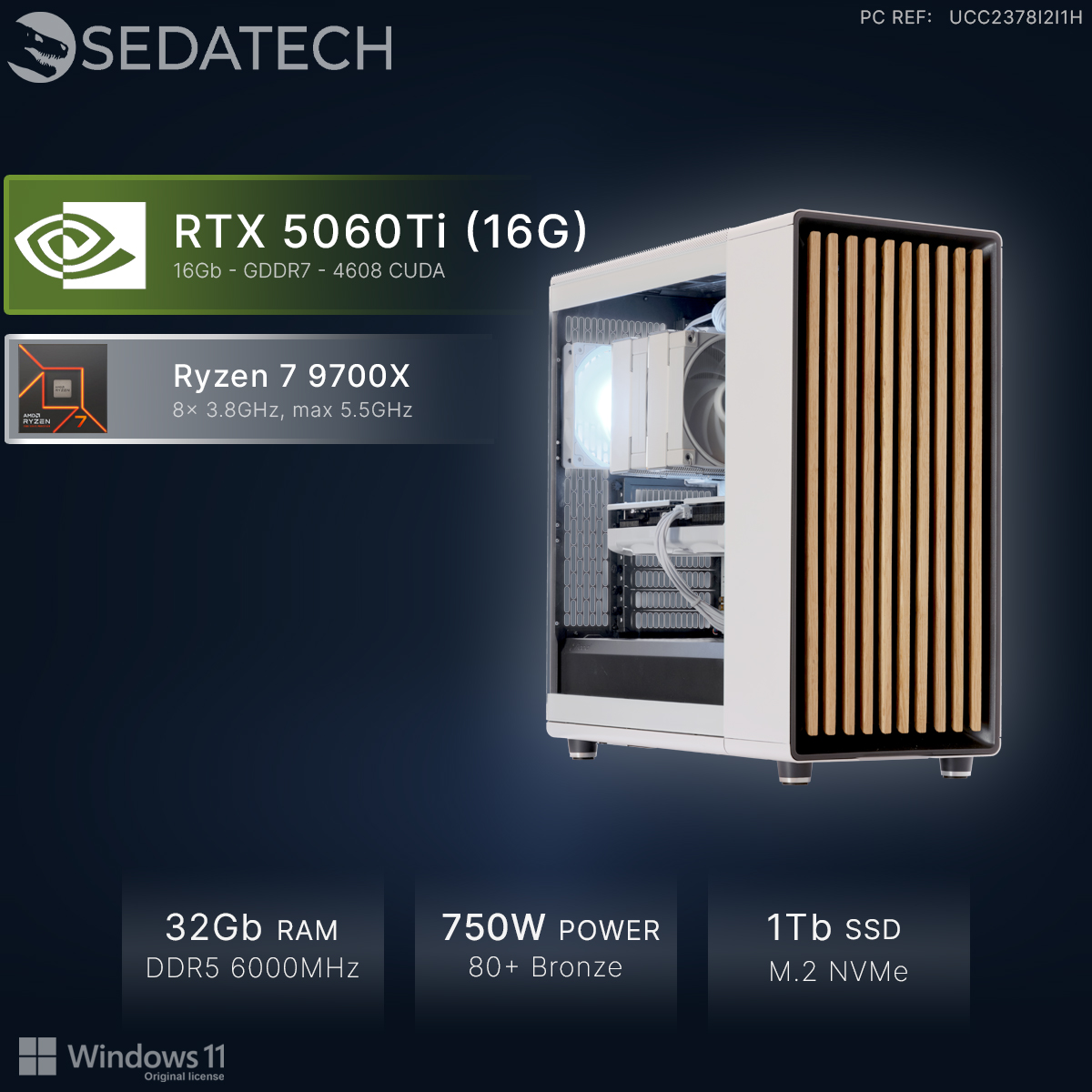 PC met RTX 5060Ti, Ryzen 7 9700X, 32GB RAM, 750W voeding, 1TB SSD.