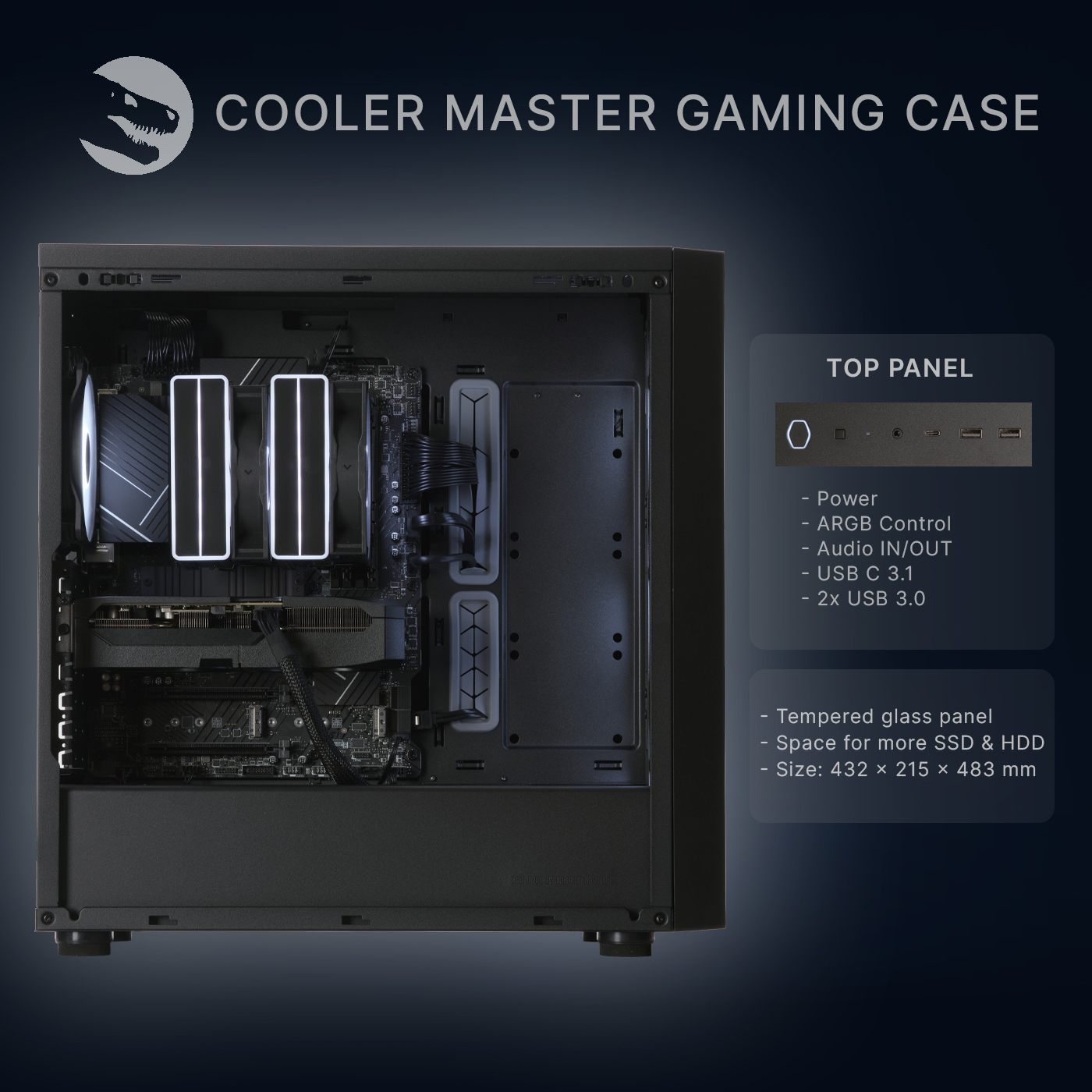 Ein schwarzes Cooler Master PC-Gehäuse mit offenem Seitenpanel. Sichtbar sind Motherboard, Lüfter und Grafikkarte.