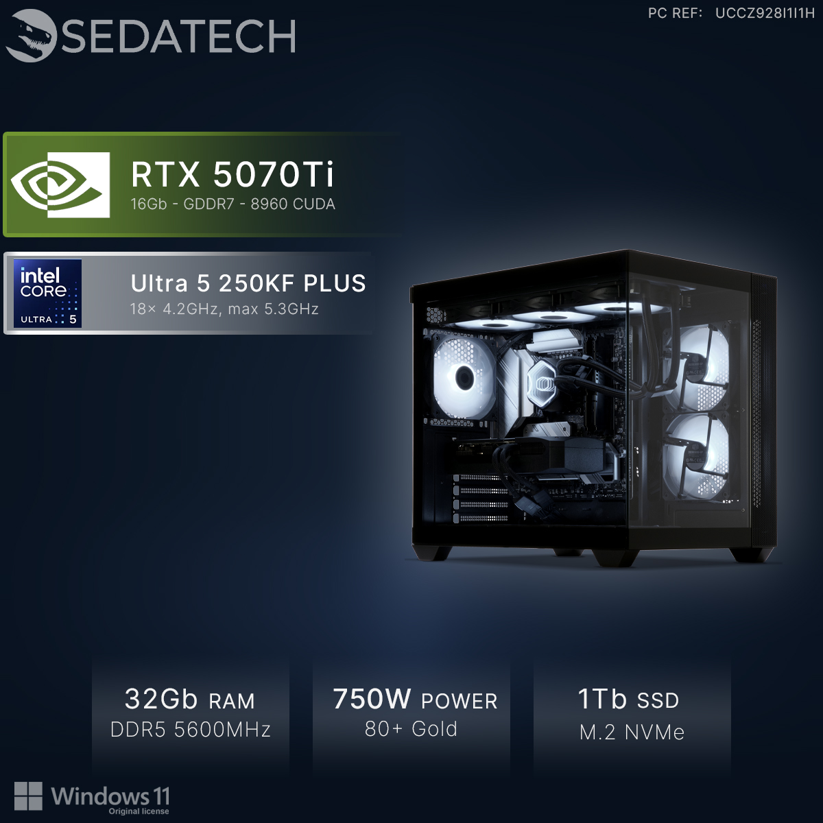 Un PC moderno con Intel Core Ultra 5 e RTX 5070Ti, 32GB RAM.