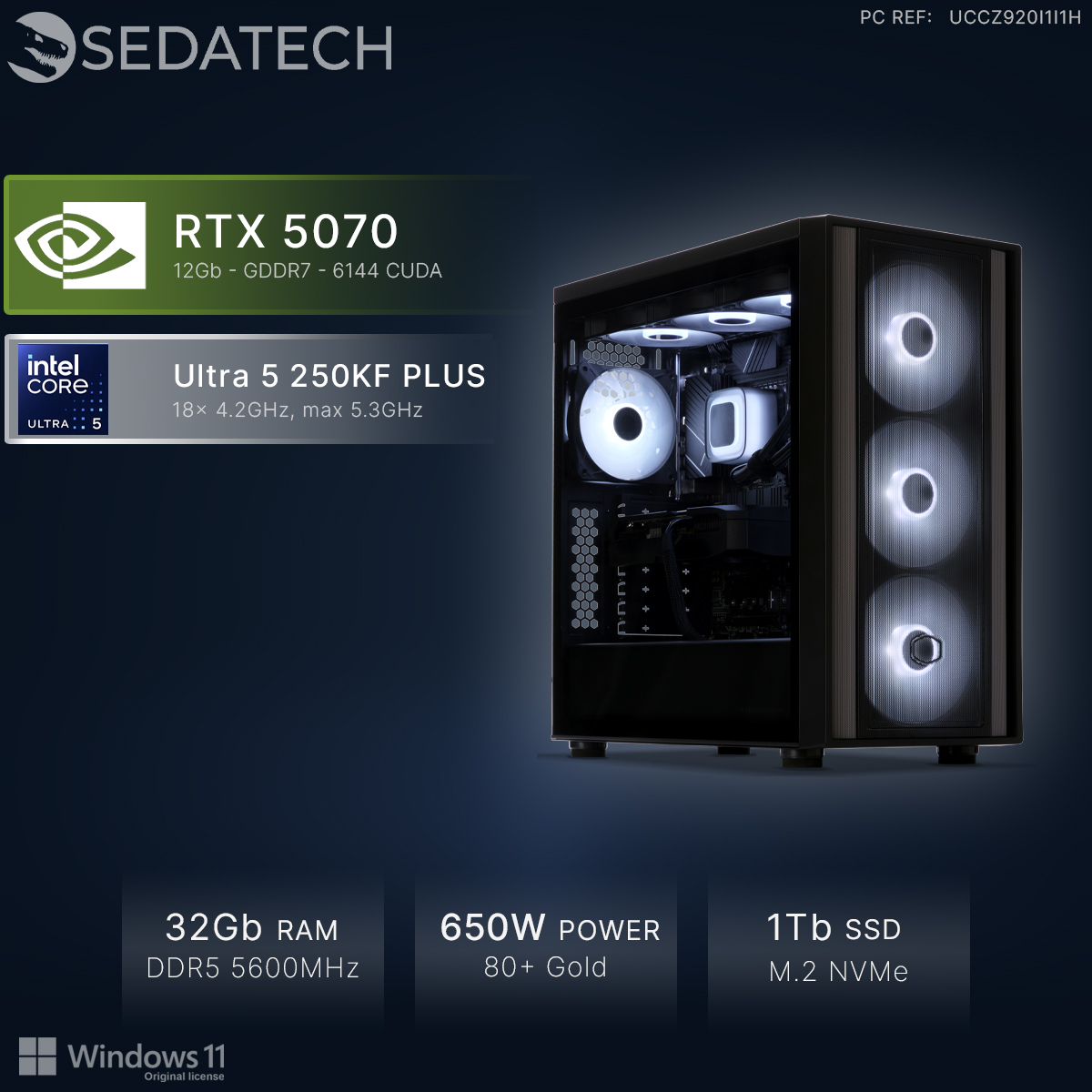 Un PC nero con ventole RGB, Intel Core Ultra 5 e RTX 5070.