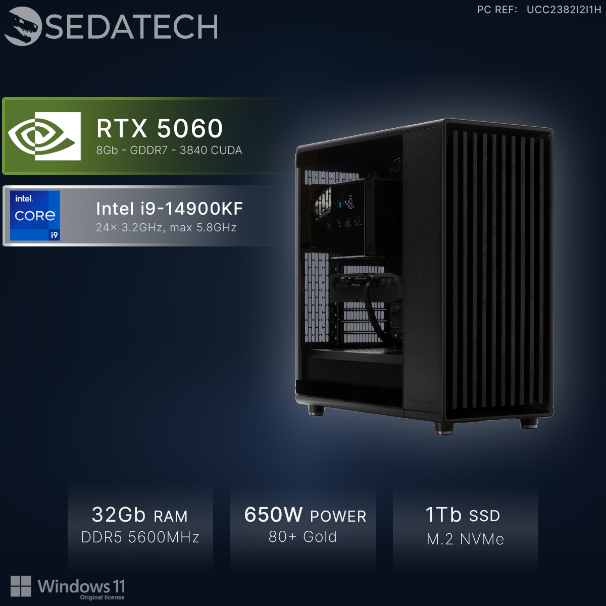 Torre PC nera con RTX 5060, Intel i9, 32GB RAM, alimentatore 650W, SSD 1TB.