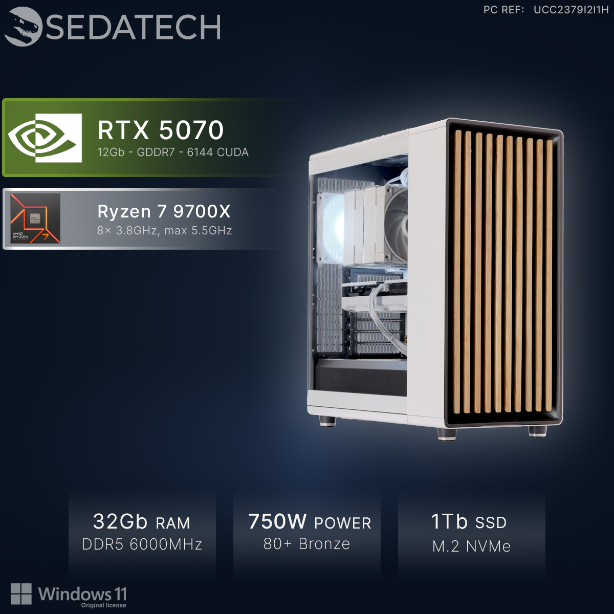 Biała obudowa PC z wentylatorami i drewnianymi akcentami. Specyfikacje: RTX 5070, Ryzen 7 9700X.