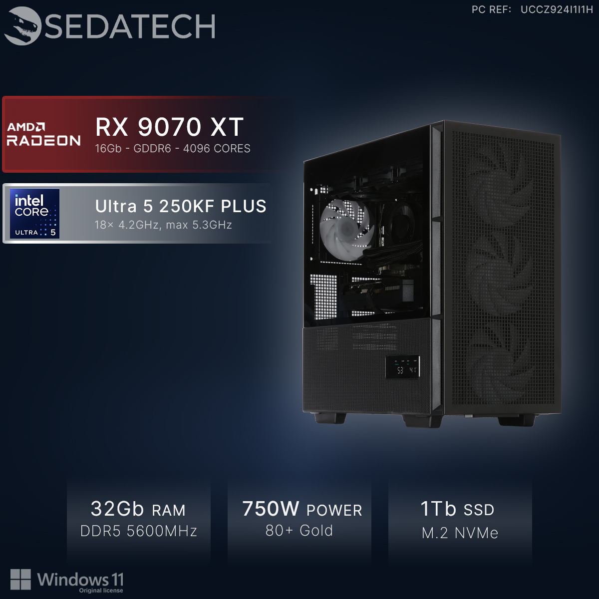 Tower PC nero con RX 9070 XT e Intel Ultra 5, 32 GB RAM, 750W.