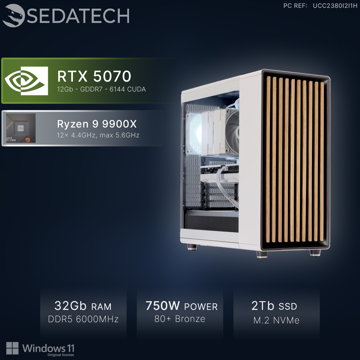 PC bianco con frontale in legno, RTX 5070, Ryzen 9, 32GB RAM, 750W.