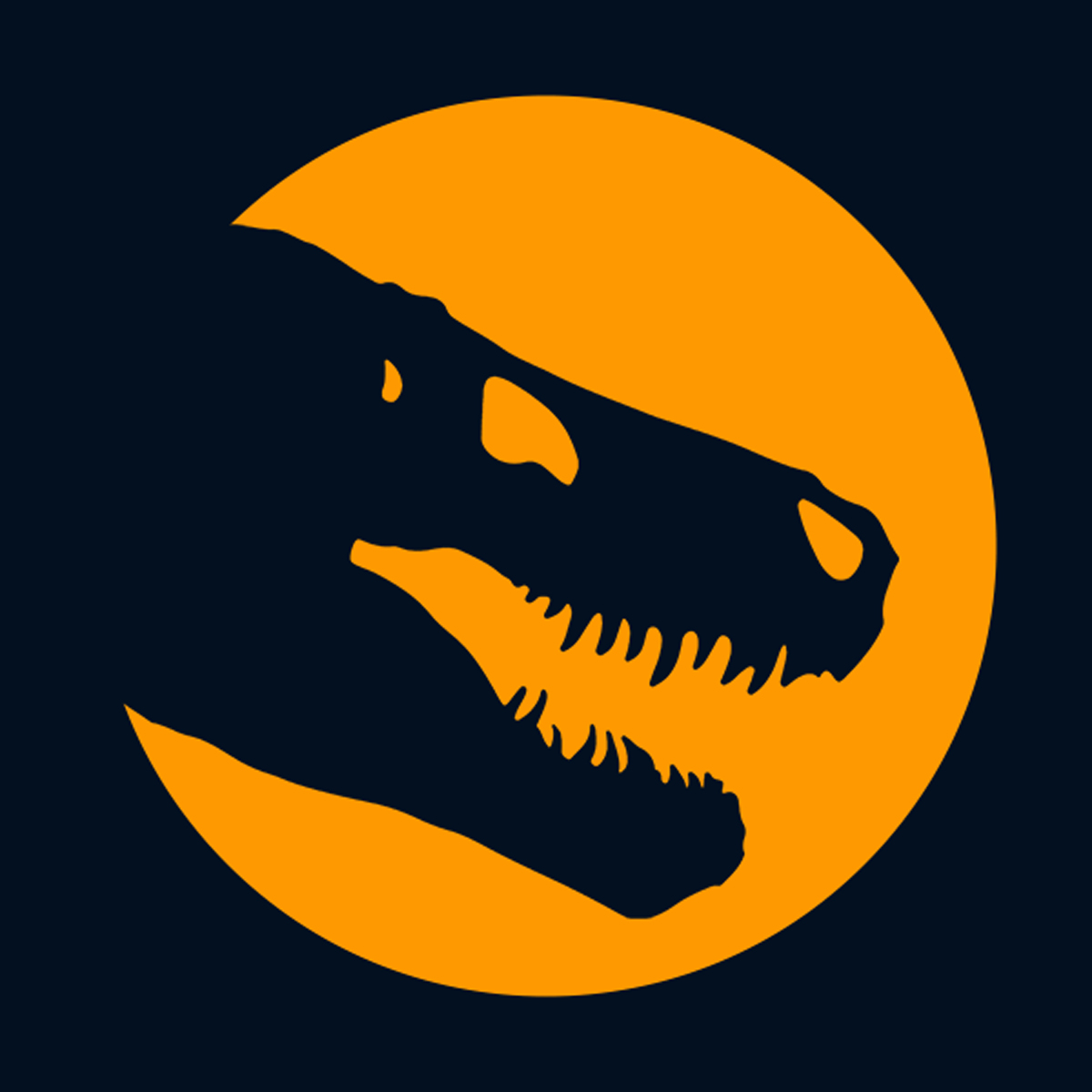 Ciemny profil szkieletu dinozaura na tle pomarańczowego koła na ciemnym tle.