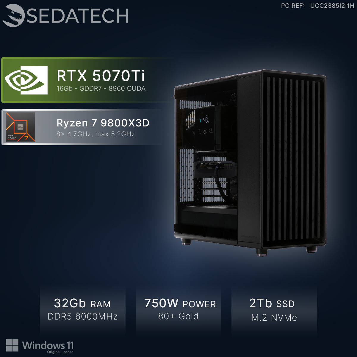 Ein schwarzer PC mit RTX 5070Ti, Ryzen 7 9800X3D, 32GB RAM, 750W.