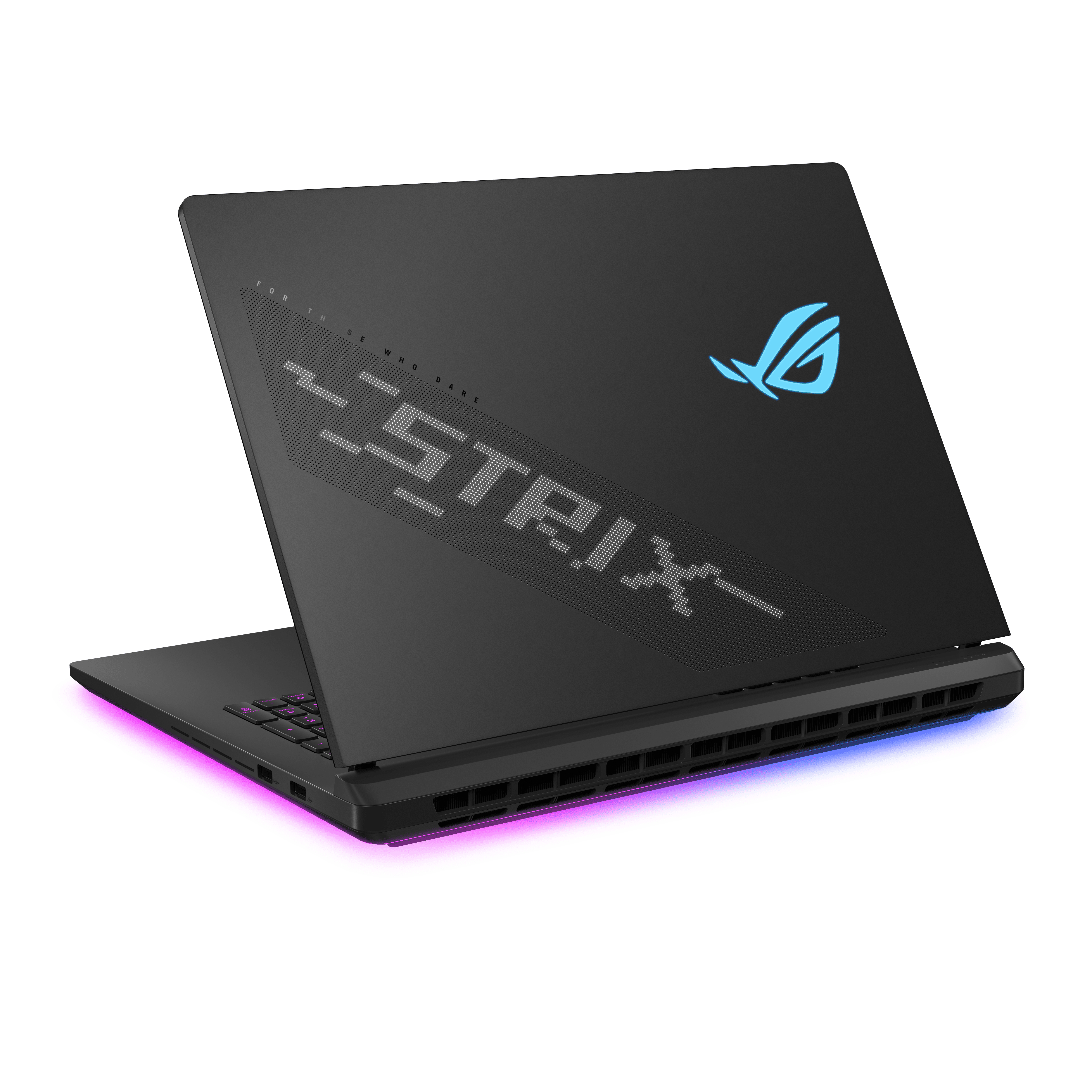 Schwarzer Laptop mit blauem ROG-Logo und beleuchteter Tastatur.