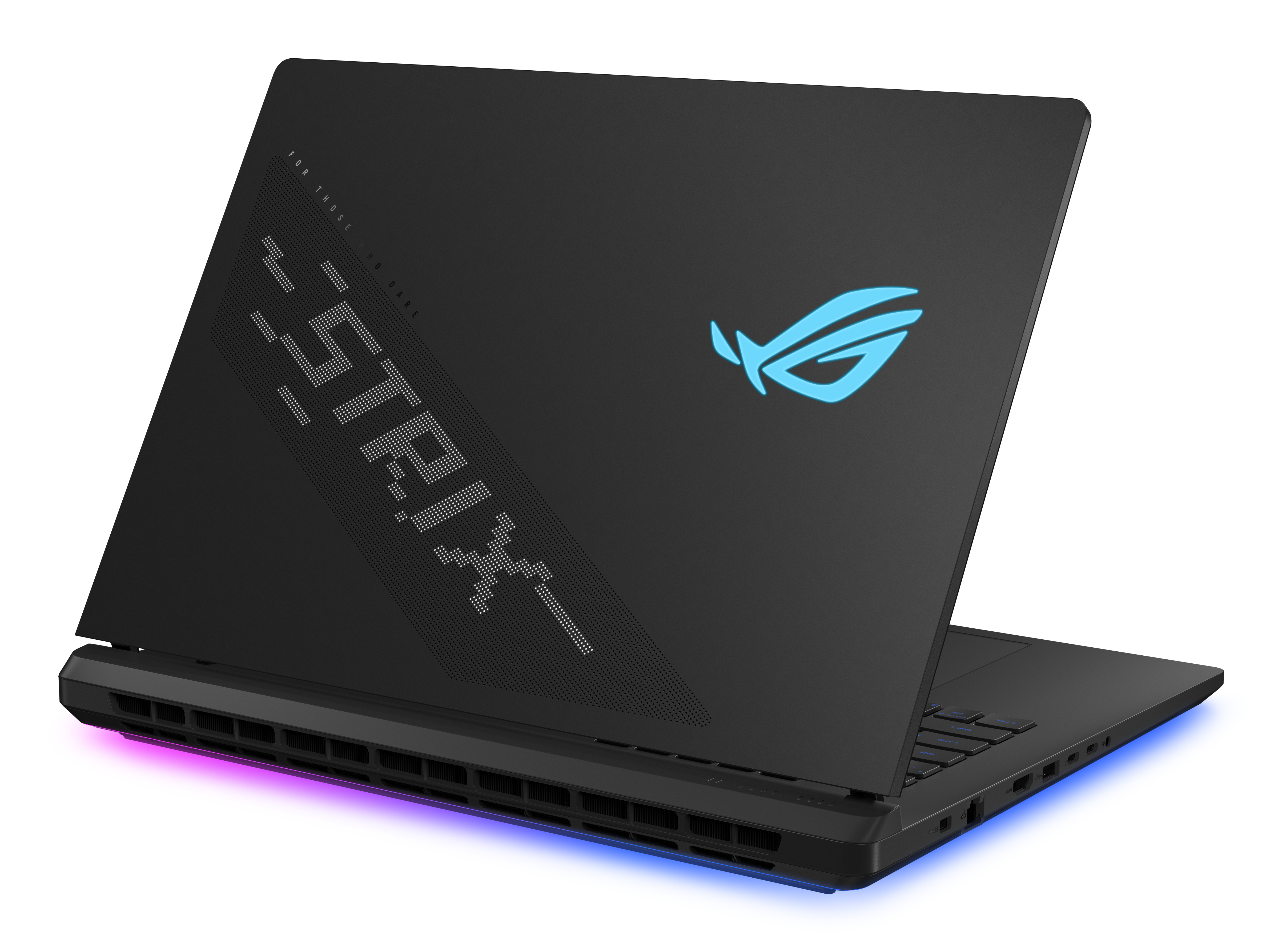 Schwarzer Gaming-Laptop mit blauem Logo, leuchtender Tastatur und RGB-Beleuchtung.