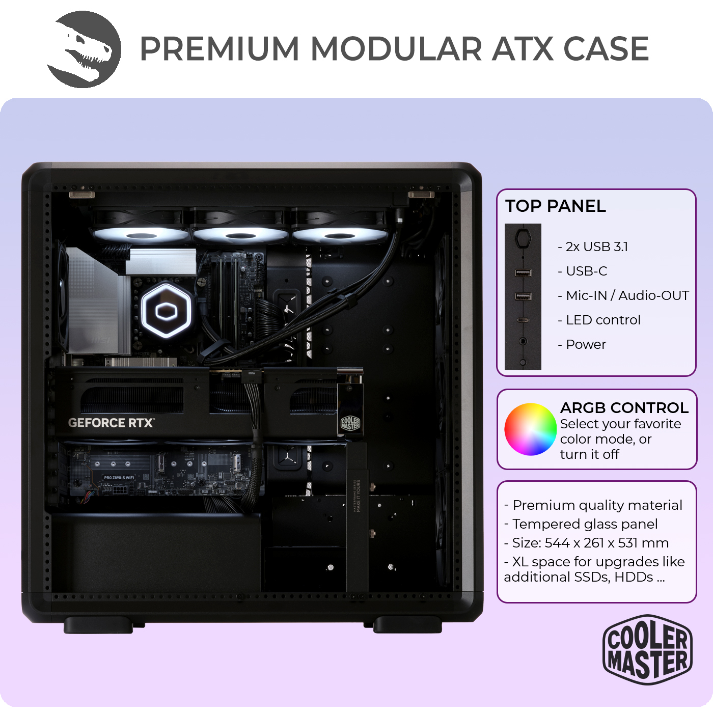 Boîtier ATX Cooler Master avec GPU GeForce RTX, ventilateurs ARGB et ports.