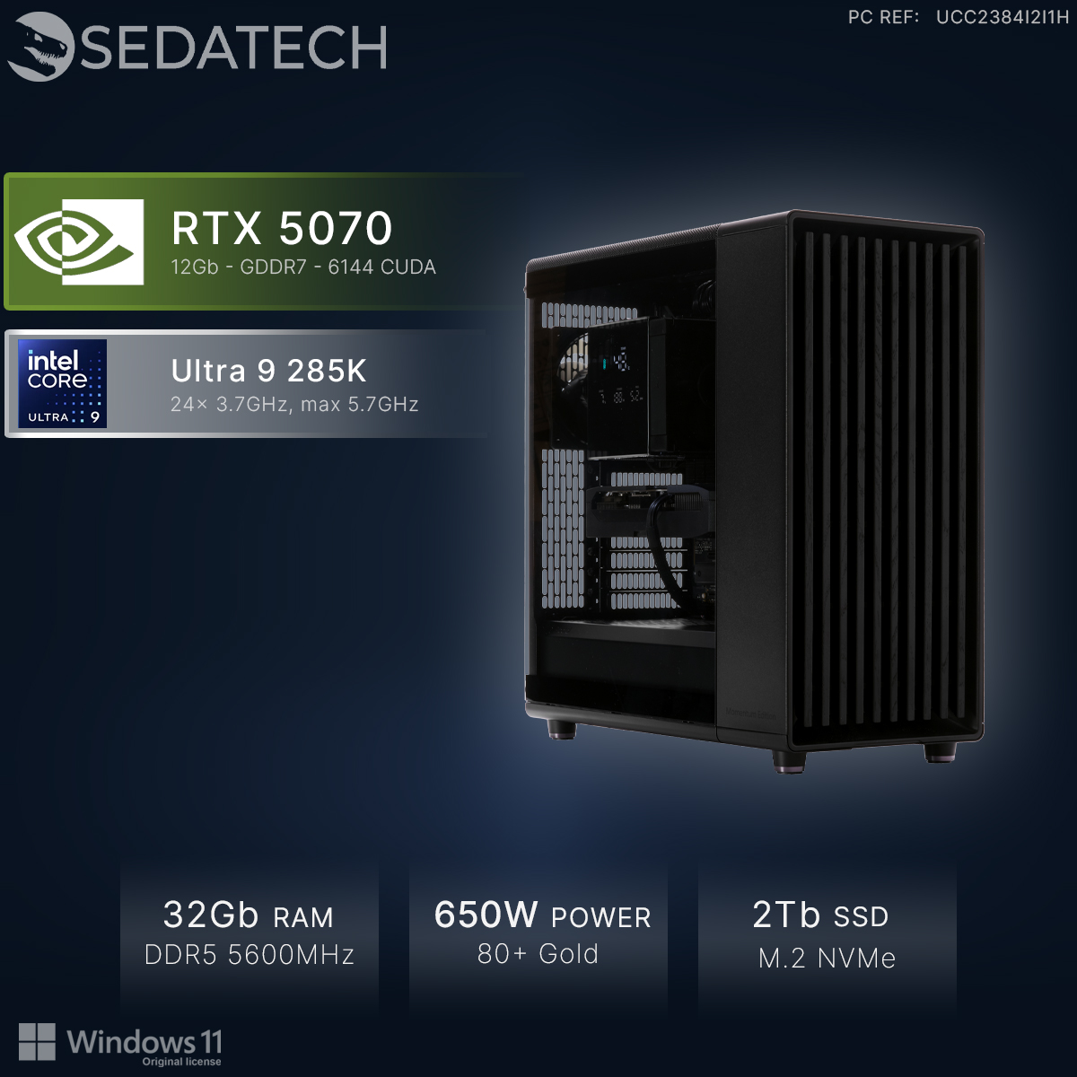 Ein schwarzer PC mit RTX 5070, Intel Ultra 9, 32 GB RAM, 650W Netzteil und 2 TB SSD.