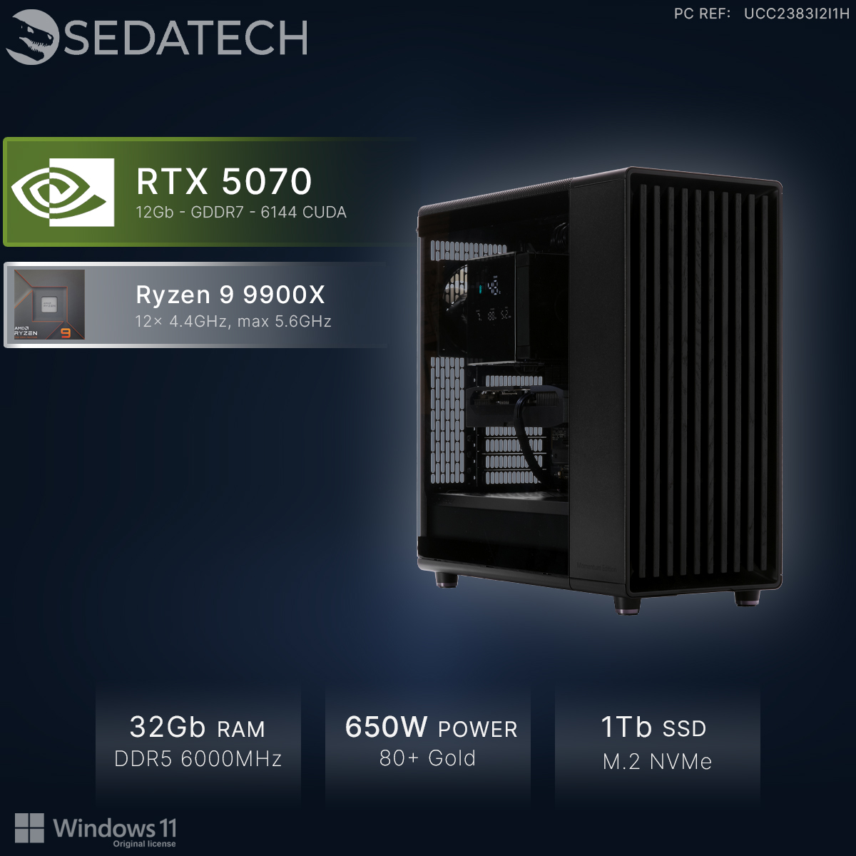Schwarzer PC mit RTX 5070, Ryzen 9, 32GB RAM, 650W Netzteil.