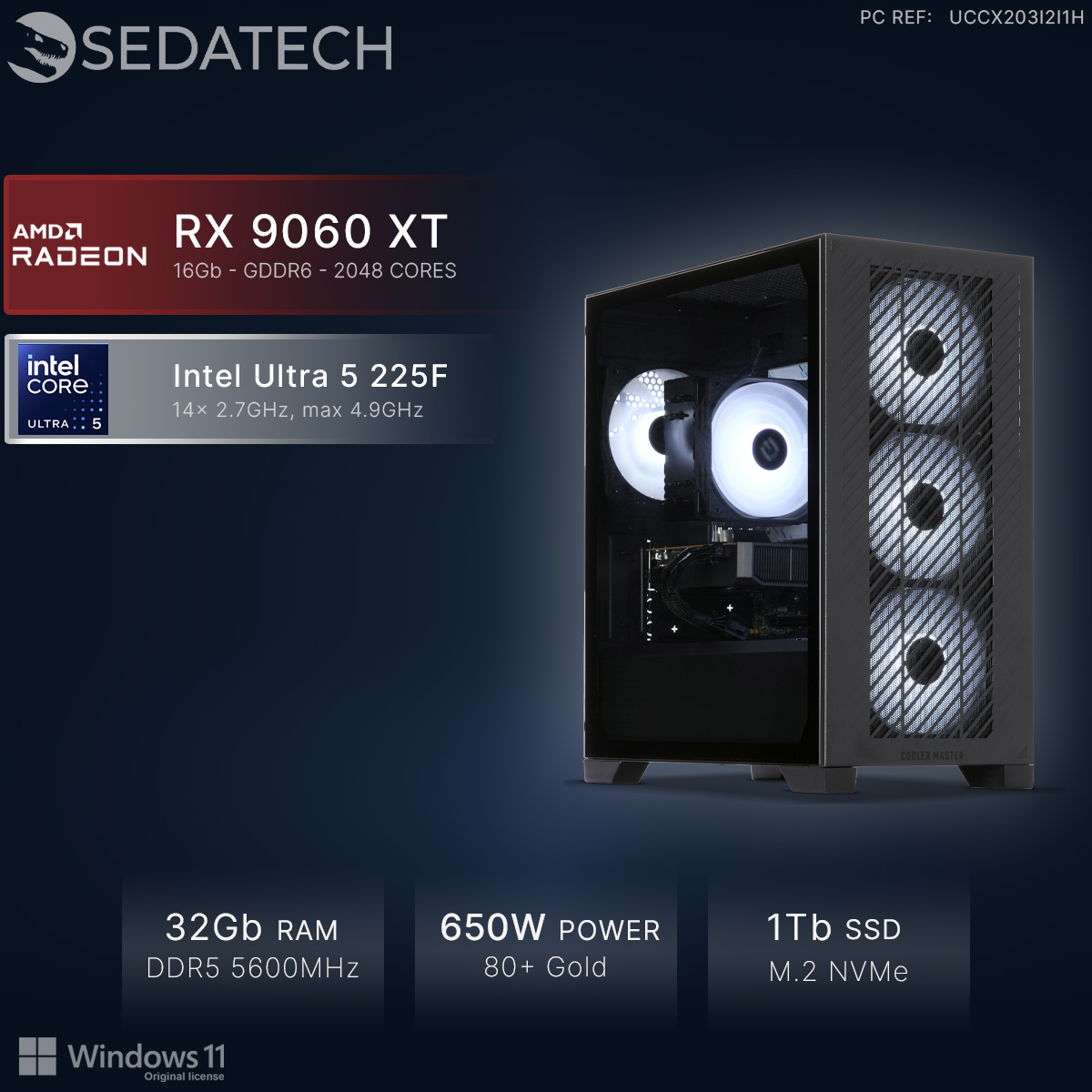 Sedatech PC mit RX 9060 XT, Intel Ultra 5 225F, 32GB RAM, 650W Netzteil, 1TB SSD.