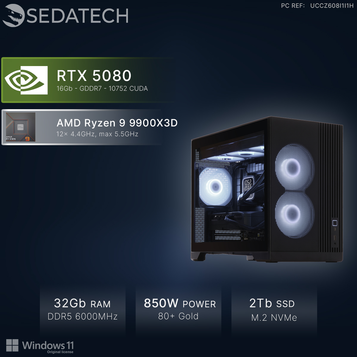 PC Gaming con RTX 5080, CPU Ryzen 9, 32GB RAM, PSU 850W, SSD 2TB.