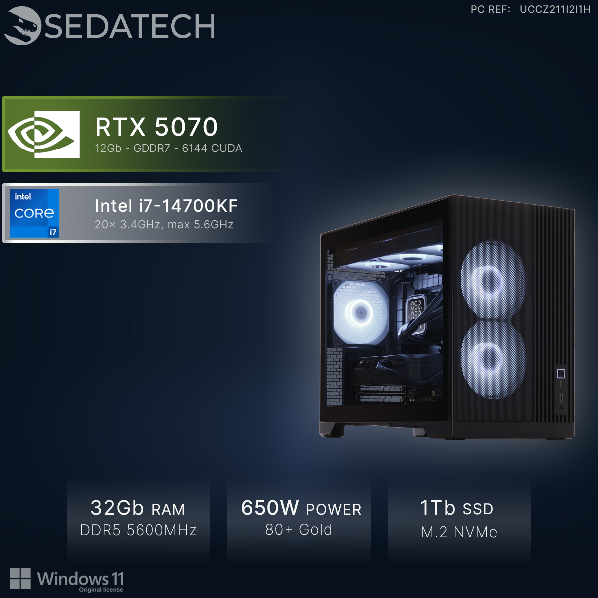 Un PC gaming nero con RTX 5070, Intel i7, 32GB RAM, alimentatore 650W.