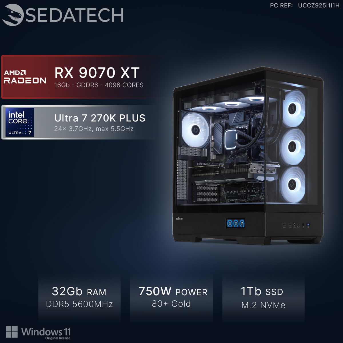 Ein PC-Gehäuse mit leuchtenden Lüftern, Komponenten und Spezifikationen.