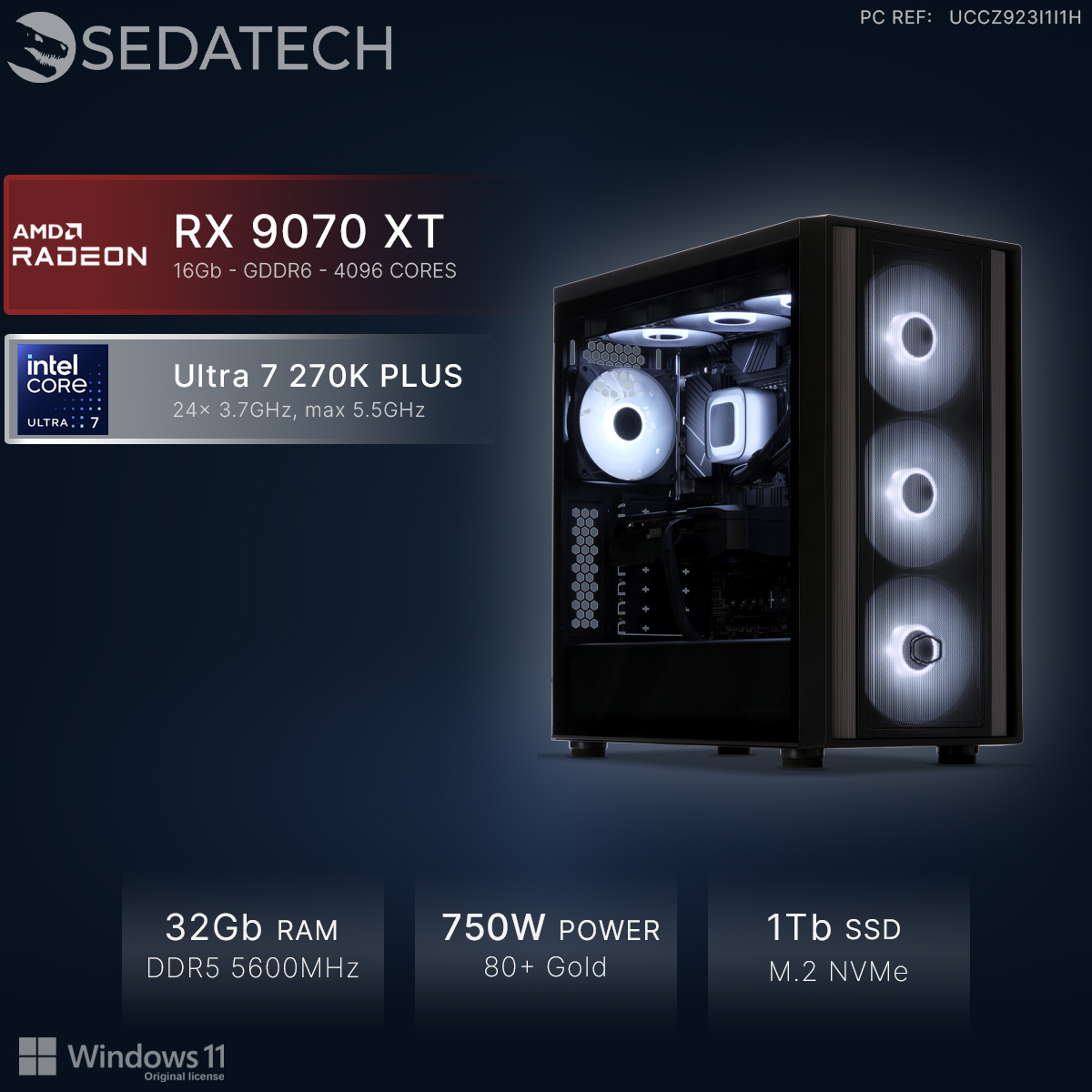 Komputer Sedatech z procesorem Intel Ultra 7, kartą AMD RX 9070 XT, 32 GB RAM, zasilaczem 750W.