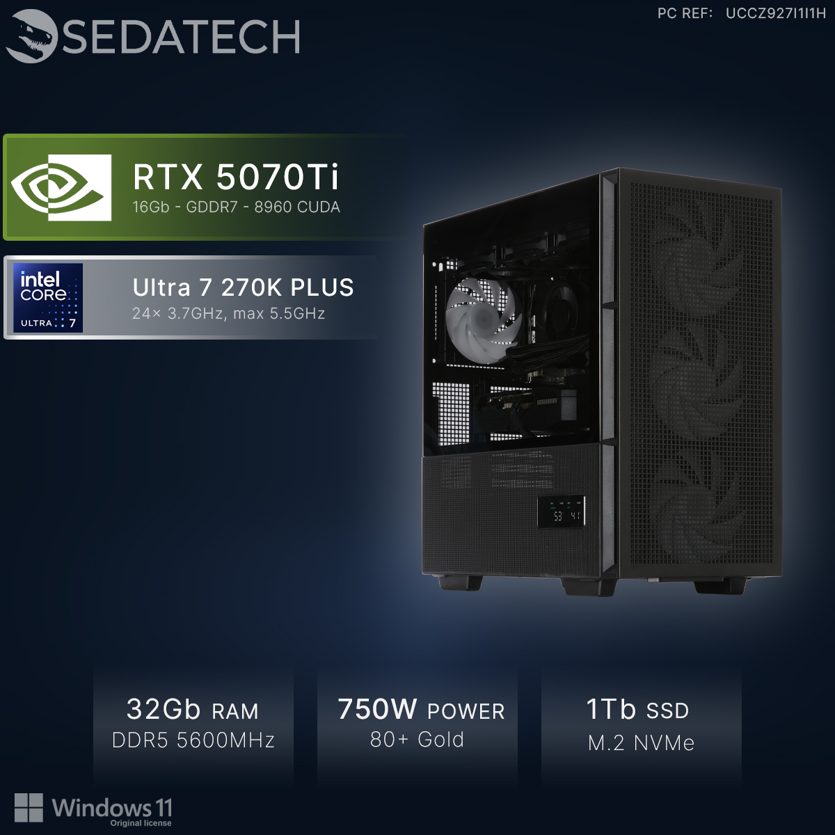 Czarny komputer gamingowy z RTX 5070Ti, Intel Ultra 7, 32GB RAM, zasilacz 750W.