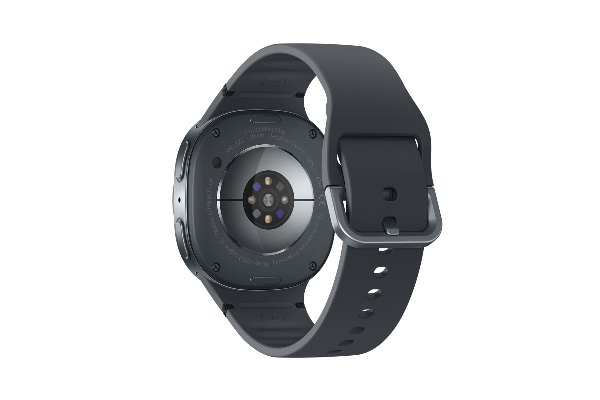 Retro di uno smartwatch scuro con sensore di battito cardiaco e cinturino.