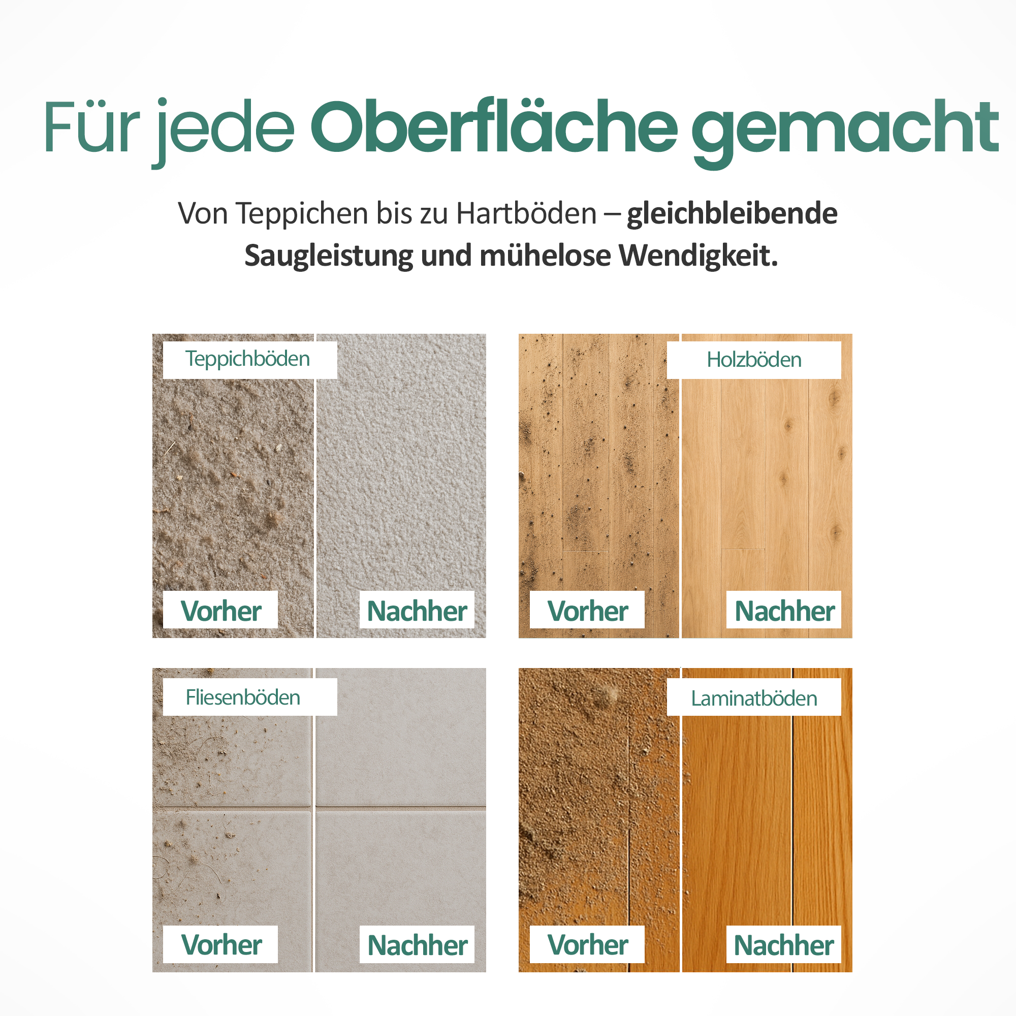 Vorher/Nachher-Vergleich von Reinigungsergebnissen auf Teppich, Holz, Fliesen und Laminat.