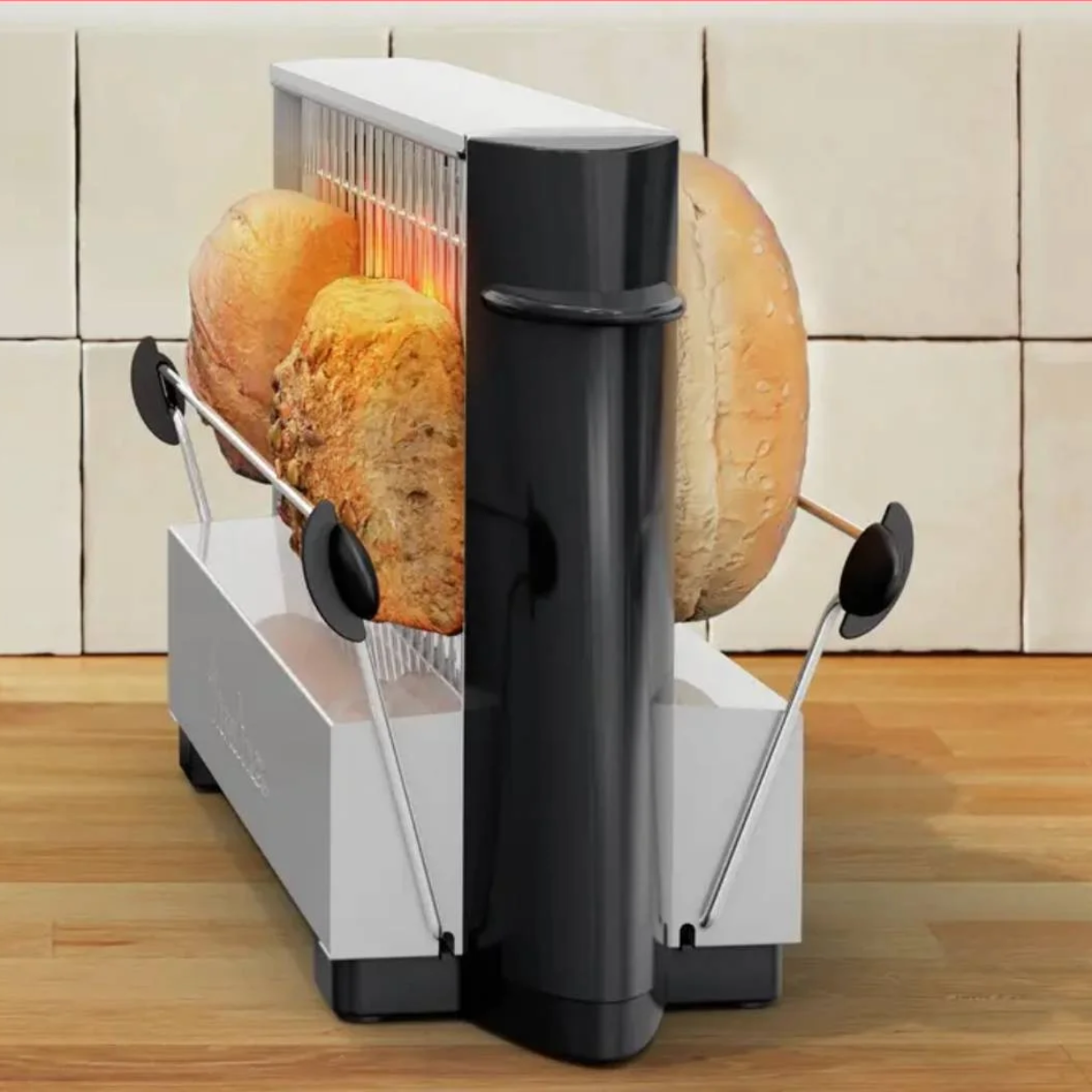 Un tostapane con due fette di pane che vengono tostate.