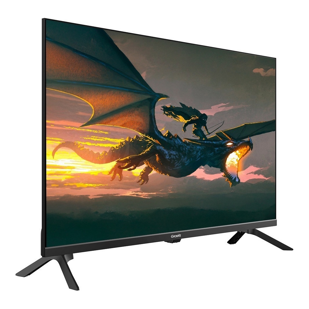 Un drago con un cavaliere vola contro un tramonto, visualizzato su uno schermo TV.