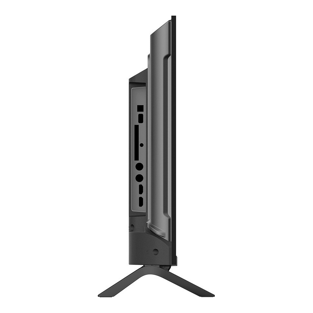 Vista laterale di un televisore nero con supporto e porte.
