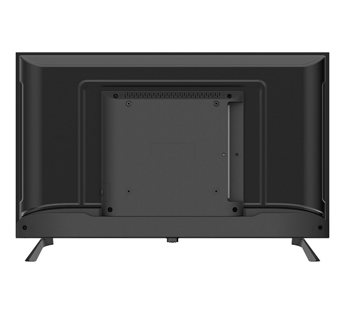Retro di una TV nera con supporto su sfondo bianco.