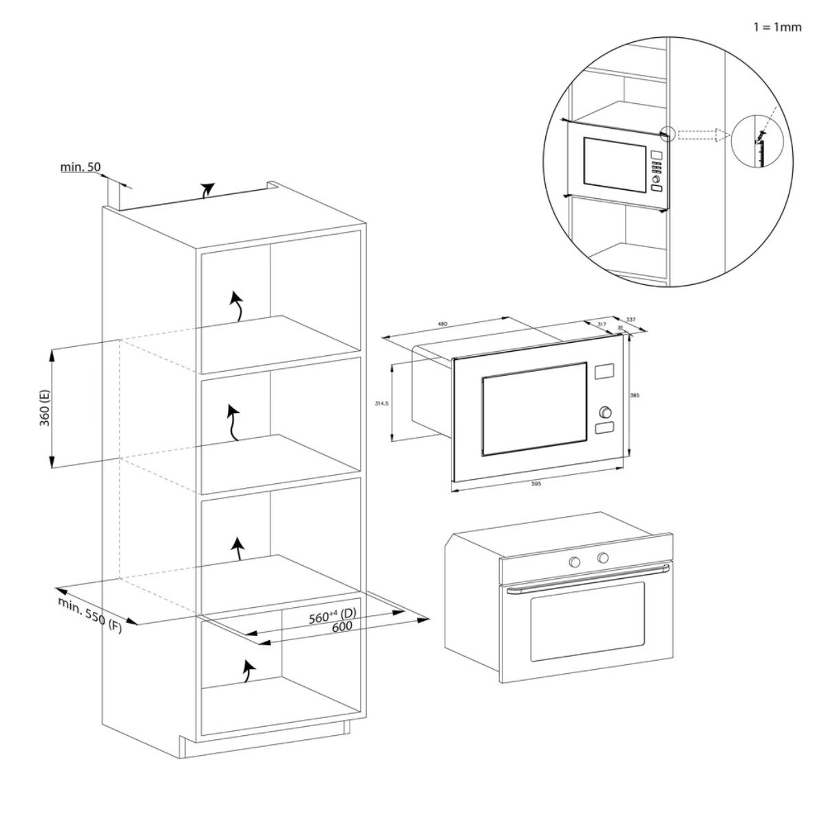 Technische tekening van een inbouwkast met magnetron en oven.