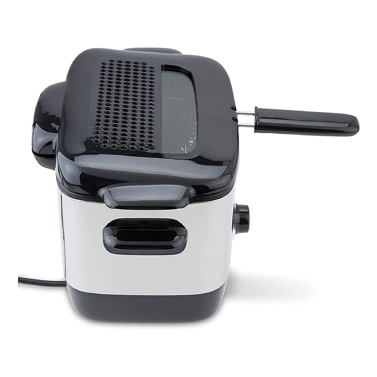 Friteuse compacte avec couvercle noir et corps argenté, avec poignée et commandes.