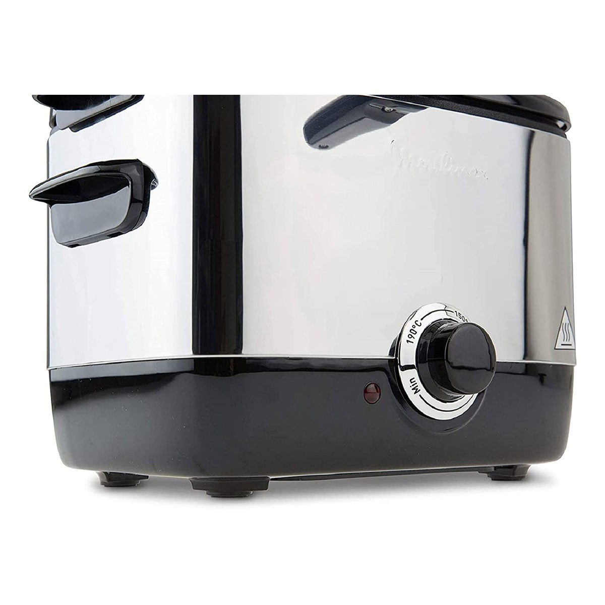 Friteuse en acier inoxydable avec base noire et cadran de température.