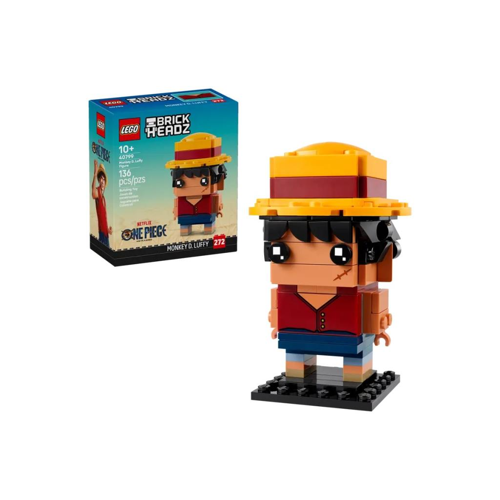 Figura Lego BrickHeadz di Monkey D. Luffy con scatola. Gilet rosso, pantaloncini blu, cappello giallo.