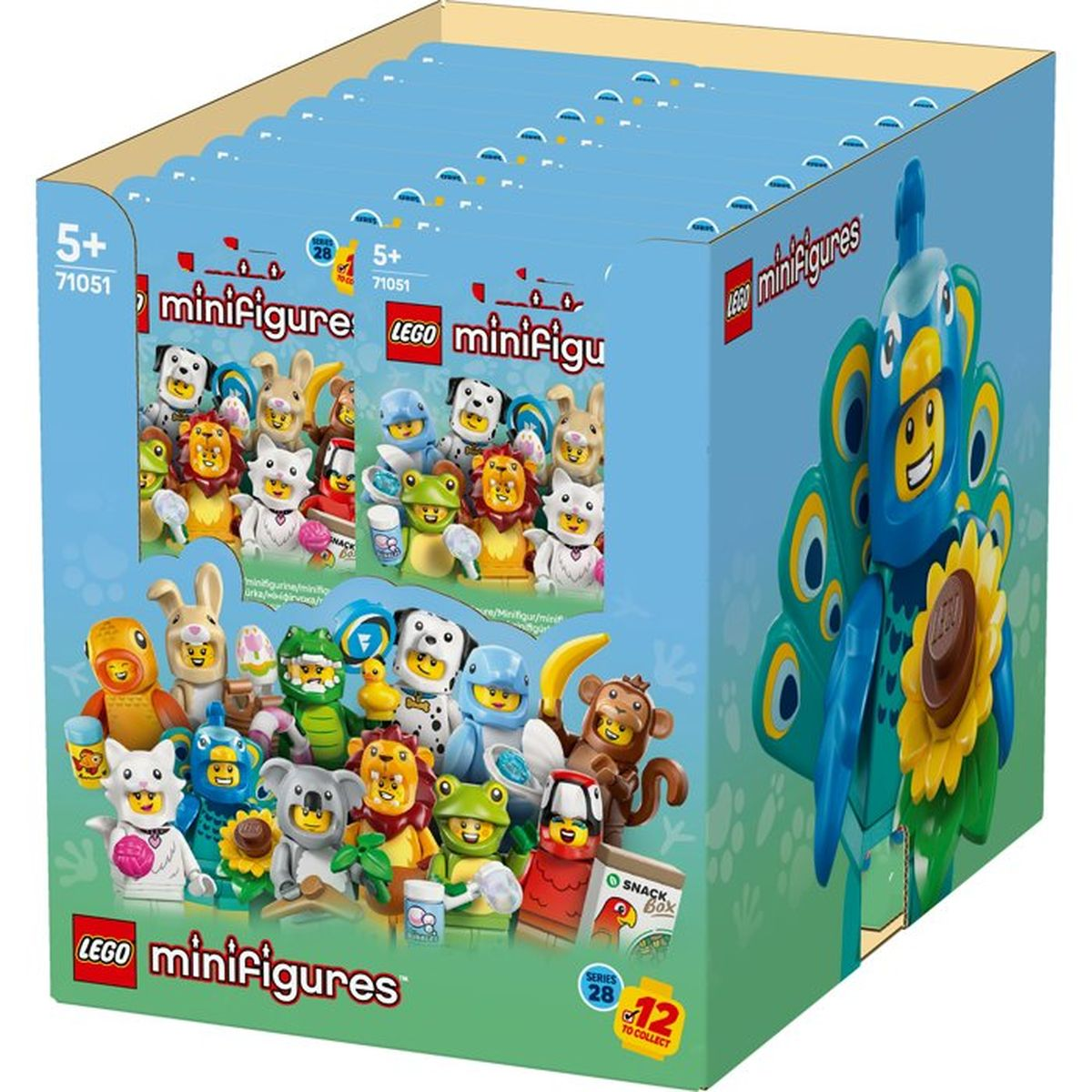 Scatola di minifigure Lego con personaggi animali, tra cui pavone, scimmia e cane.
