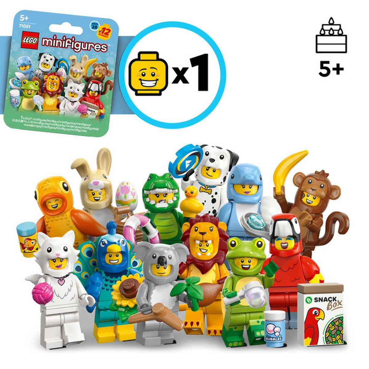 Set di minifigure Lego con figure di animali: uccello, coniglio, coccodrillo, cane, scimmia, gatto.