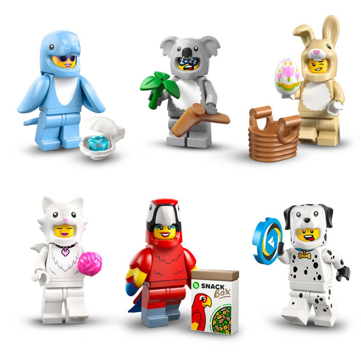 Personaggi Lego: delfino, koala, coniglio, gatto, pappagallo, dalmata.
